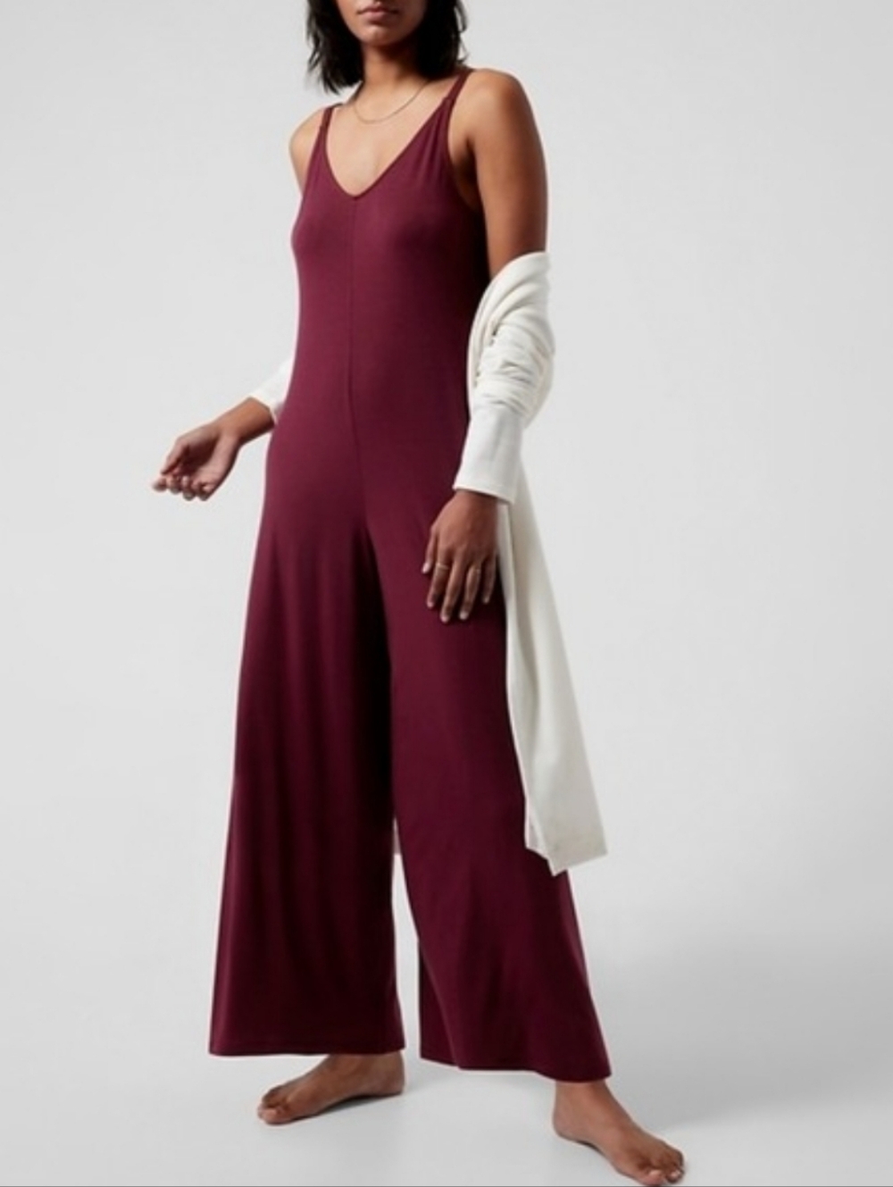 Athleta V Neck Night Time Bliss Sleep Romper Deep Burgundy Wide-Leg Jumpsuit